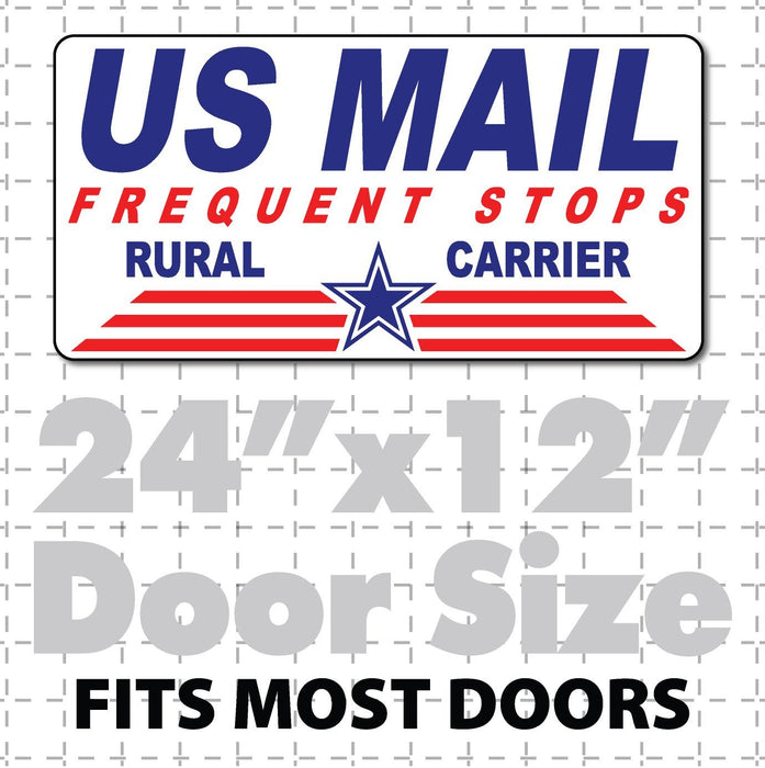 Magnetic car sign reading US Mail frequent stops rural carrier with blue and red lettering and a star and stripes at bottom.