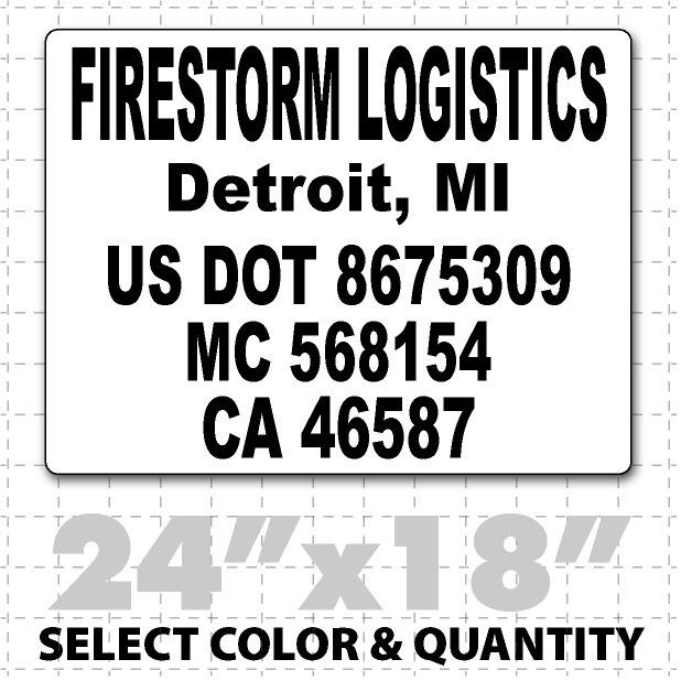 Black US DOT lettering on a magnetic truck sign displaying company name USDOT number, mc number, CA number and location sign