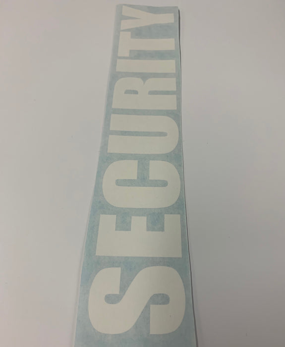 White 3 part adhesive vinyl decal reading Security