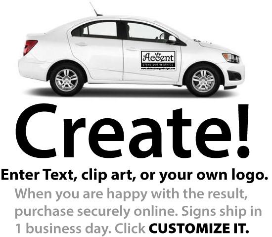 Create and Customize a 24x18 magnetic sign using text images logos and photos online example of a black magnet on white car.