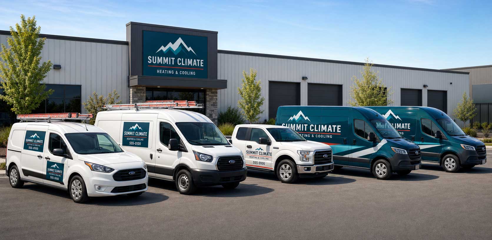 A fleet of HVAC vehicles with different forms of branding.