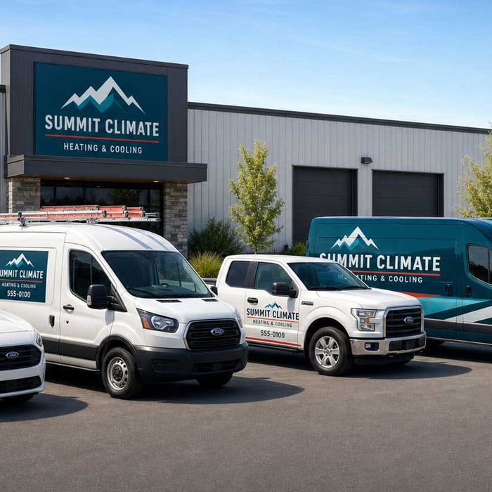 A fleet of HVAC vehicles with different forms of branding.