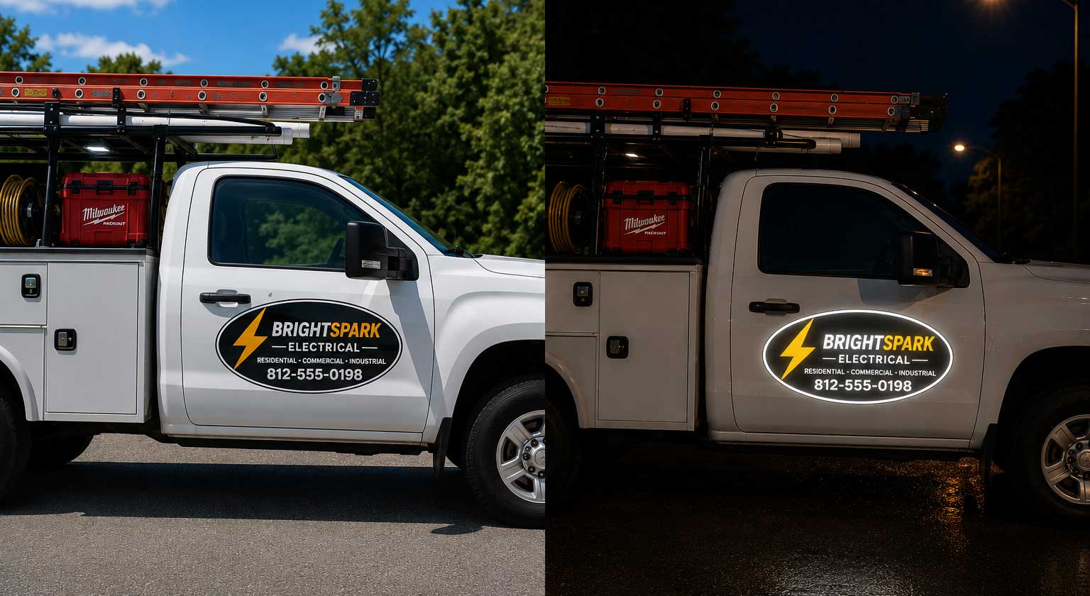a white truck with tool boxes that has magnetic signs in examples that are both reflective and non reflective. 