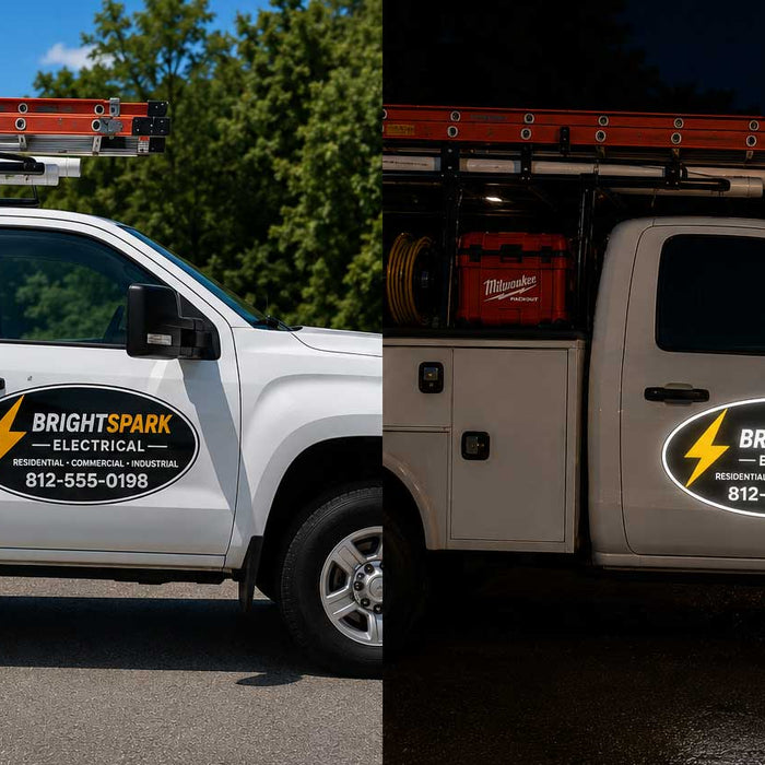 a white truck with tool boxes that has magnetic signs in examples that are both reflective and non reflective. 