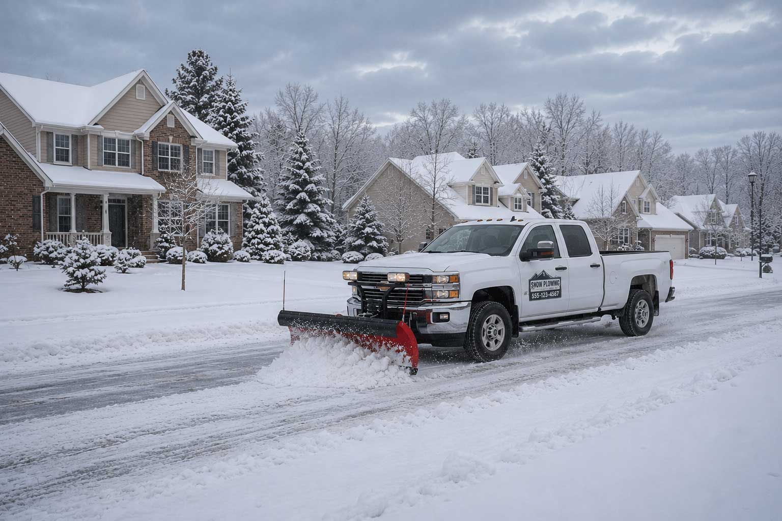 Snow plow truck plowing snow with magnetic signs that advertise the snow removal business