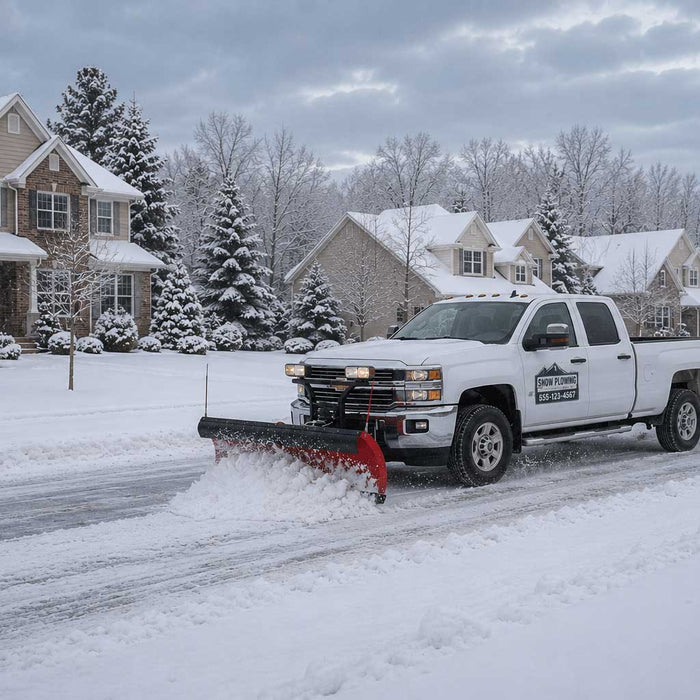 Snow plow truck plowing snow with magnetic signs that advertise the snow removal business