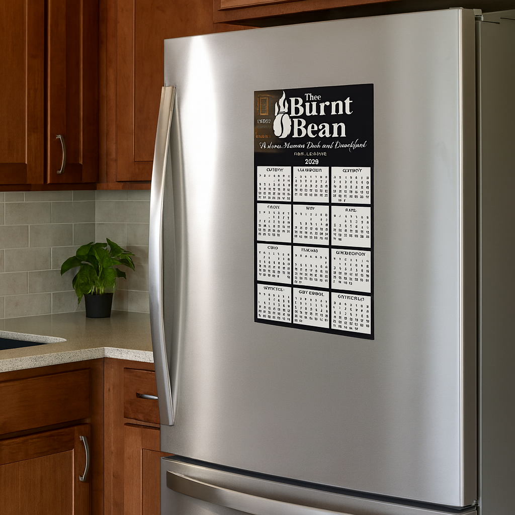 calendar magnet on a steel fridge 