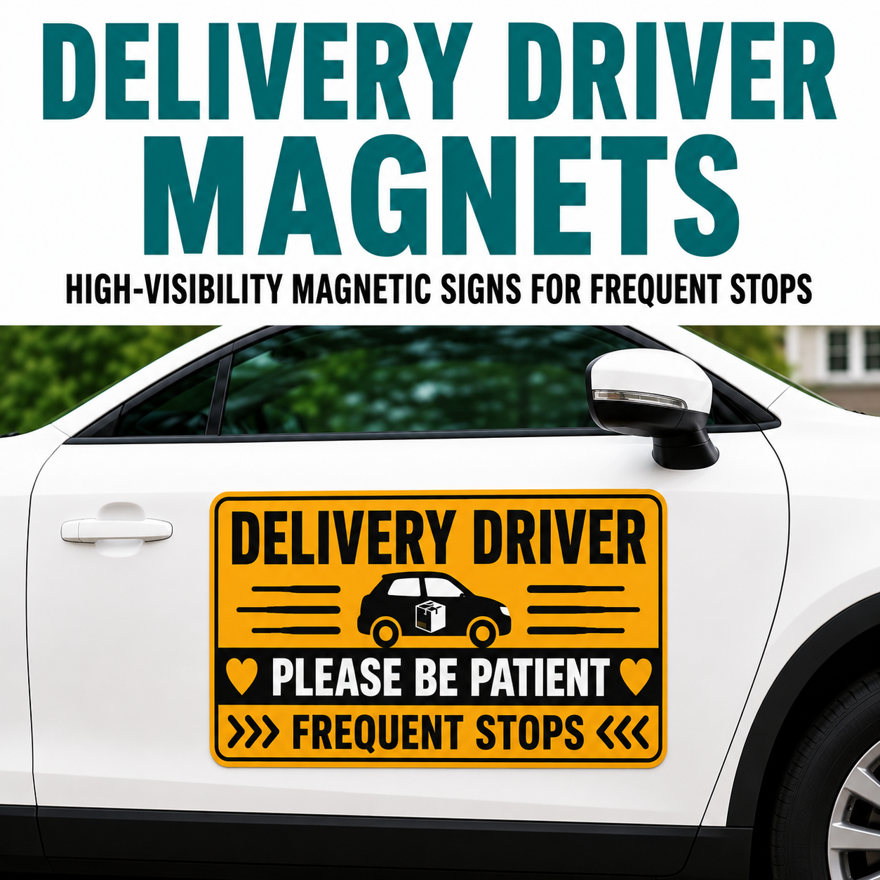 Delivery driver car magnets and frequent stops vehicle signs for package delivery, grocery delivery, and courier routes.