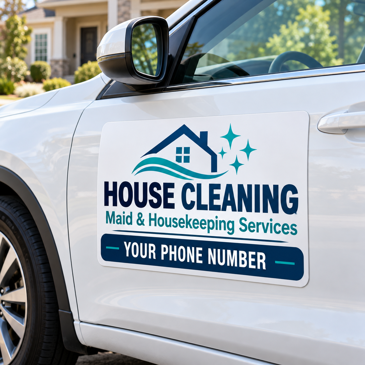 House cleaning and maid service magnetic car sign with a teal and navy design on a white vehicle.