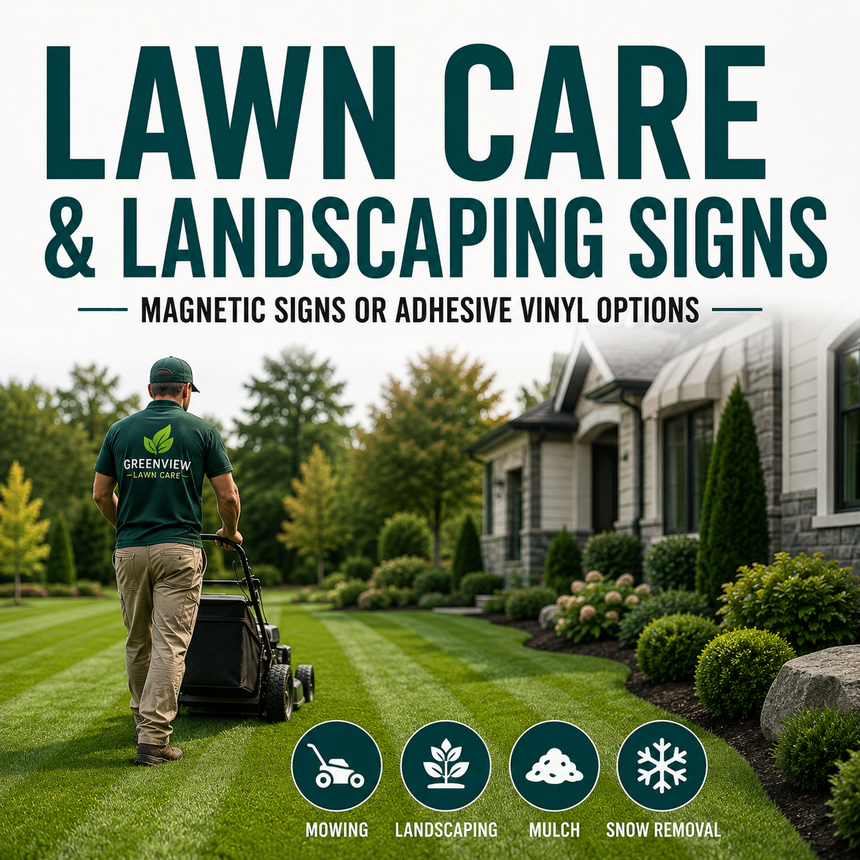 Custom lawn care and landscaping vehicle signs including magnetic signs and adhesive vinyl decals for lawn mowing, landscaping, mulch, and snow removal companies.