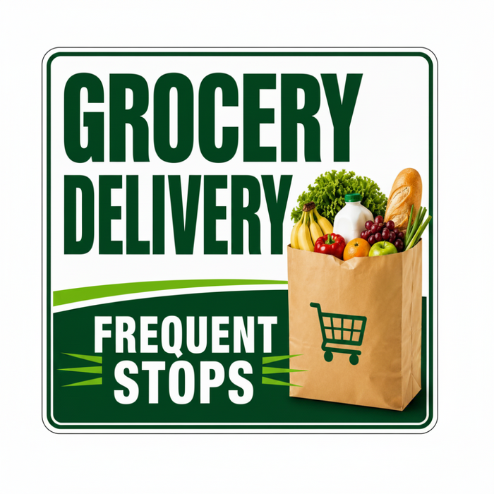 Advertisement for grocery delivery service with a paper bag of groceries and 'Frequent Stops' text on a green background.