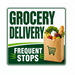 Advertisement for grocery delivery service with a paper bag of groceries and 'Frequent Stops' text on a green background.