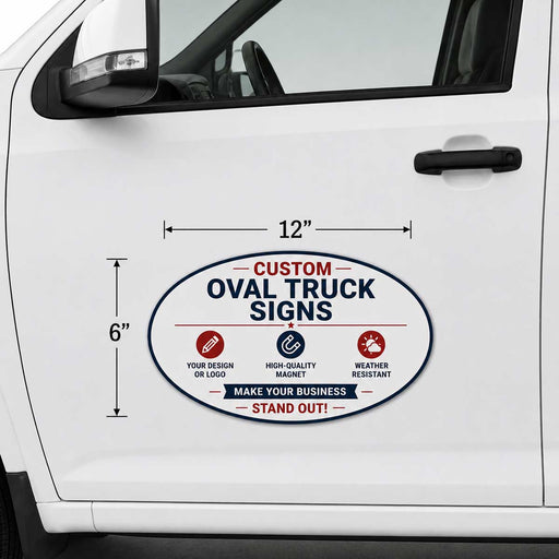 Oval truck sign on a white car door with dimensions and features listed.