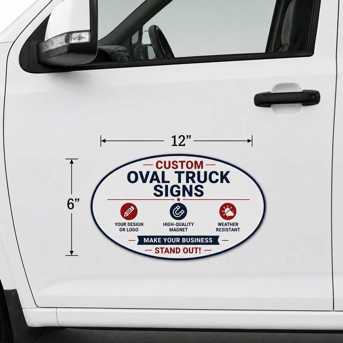 Oval truck sign on a white car door with dimensions and features listed.