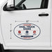 Oval truck sign on a white car door with dimensions and features listed.