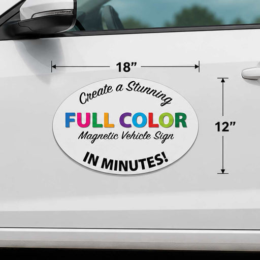 Oval magnetic vehicle sign with text on a car door, showing dimensions.