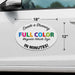 Oval magnetic vehicle sign with text on a car door, showing dimensions.