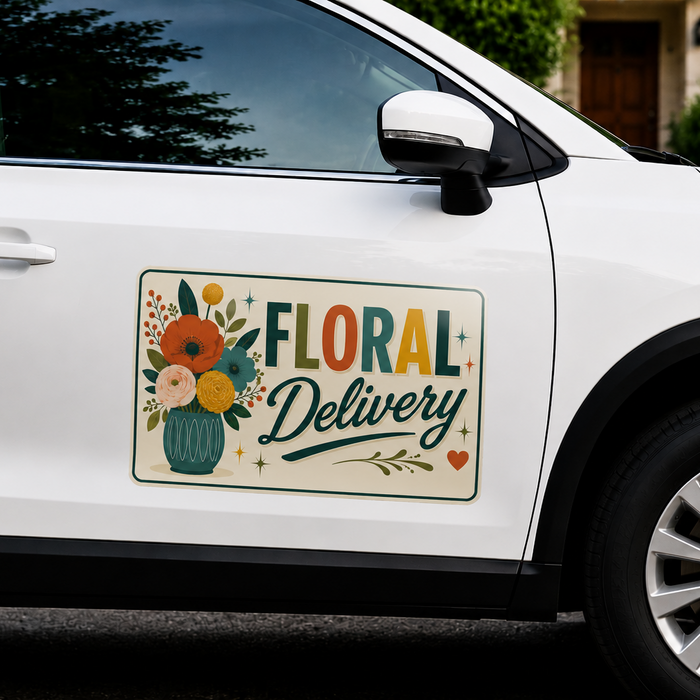 White car with a 'Floral Delivery' magnet on the side