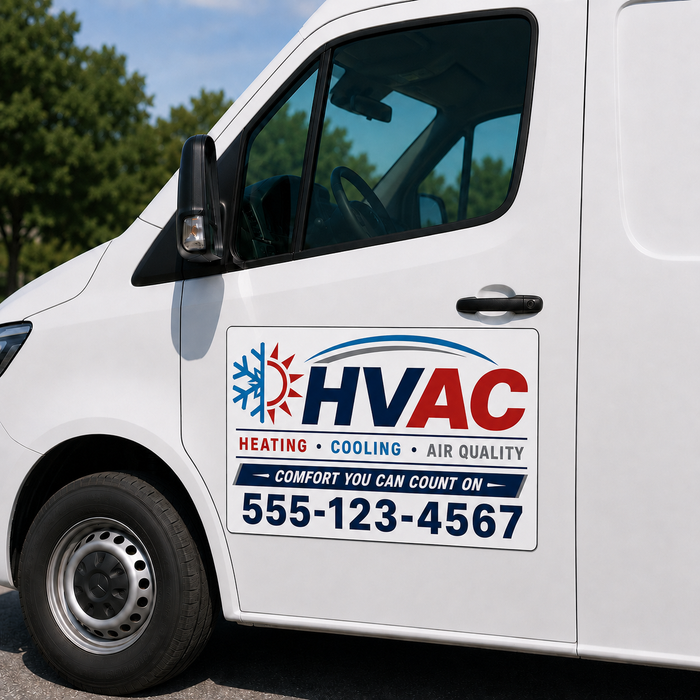 HVAC vehicle magnet sign layout with heating cooling air quality design for contractor trucks and vans