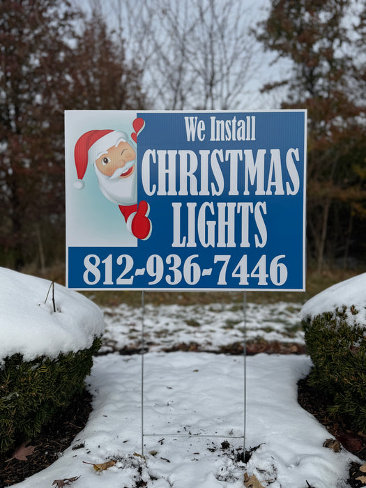 24" × 18" We Install Christmas Lights Yard Sign with H-Stake – Blue Santa Design