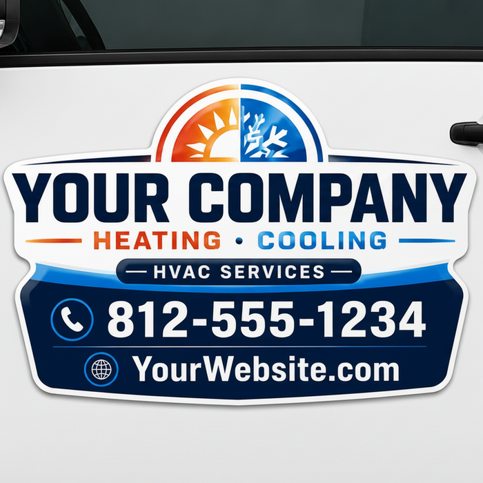Signature Series HVAC vehicle magnet installed on a white service van featuring a premium shape-cut heating and cooling design