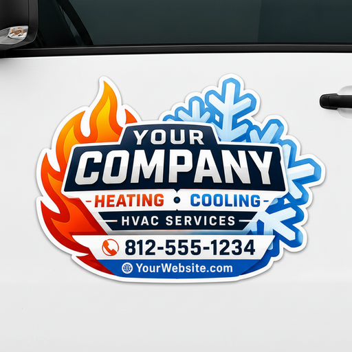 Signature Series HVAC Flame and Snowflake premium shape-cut vehicle magnet installed on a white service van