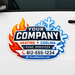 Signature Series HVAC Flame and Snowflake premium shape-cut vehicle magnet installed on a white service van