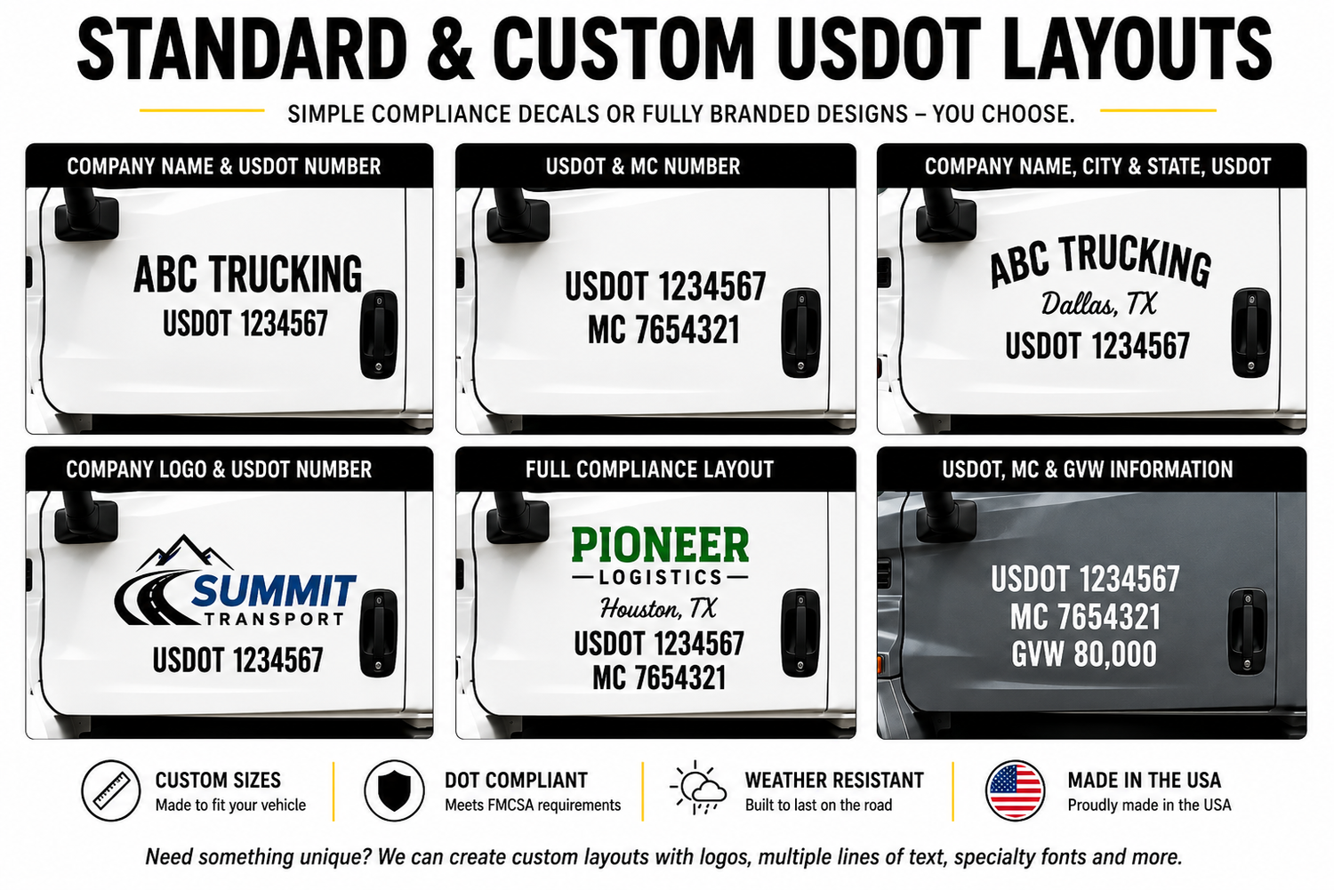Examples of standard and custom USDOT sticker layouts including company names, DOT numbers, MC numbers, logos, city and state information, and full compliance lettering