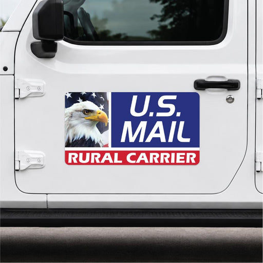 U.S. Mail Rural Carrier sticker with an eagle on a white vehicle door.