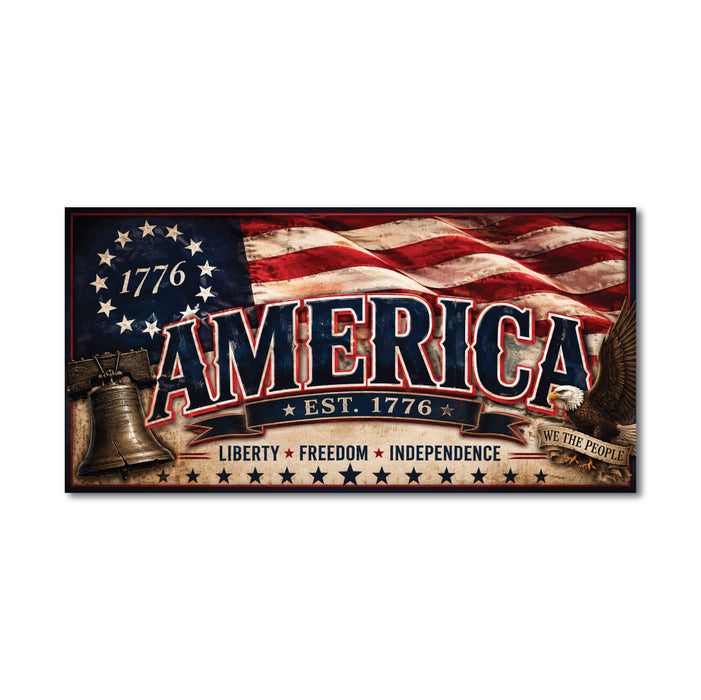 America 1776 magnetic sign for parade vehicles featuring Liberty Bell, American eagle, and patriotic flag artwork