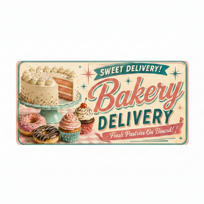 Vintage-style bakery sign with pastries and text 'Sweet Delivery! Bakery Delivery Fresh Pastries On Board!'