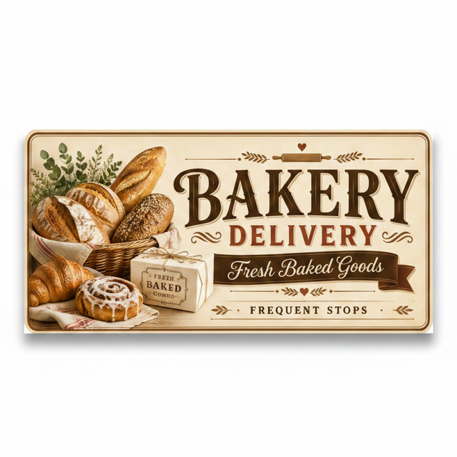 Vintage-style bakery delivery sign with bread and pastries.