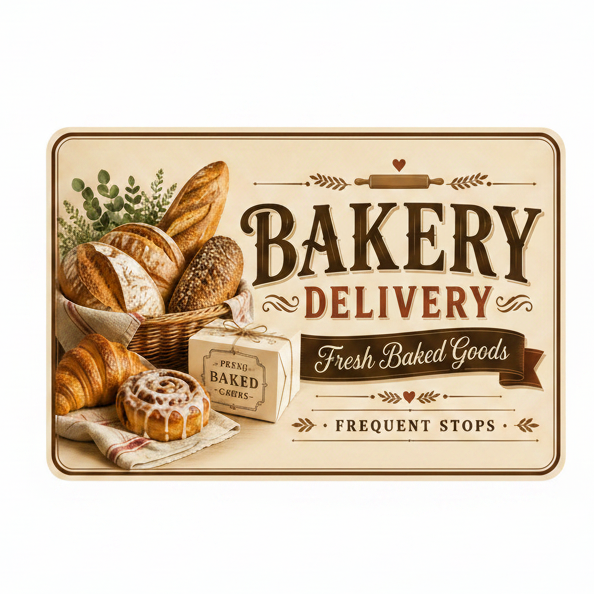 Vintage-style bakery delivery sign with bread and pastries.