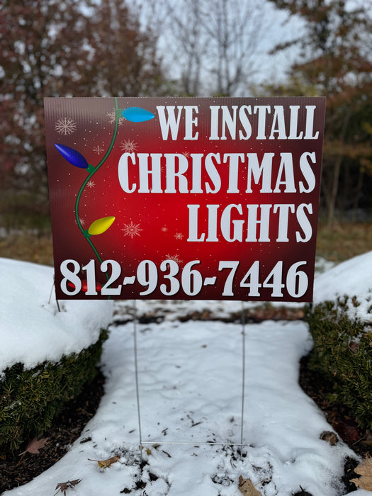 24" × 18" We Install Christmas Lights Yard Sign with H-Stake – Red Holiday Design