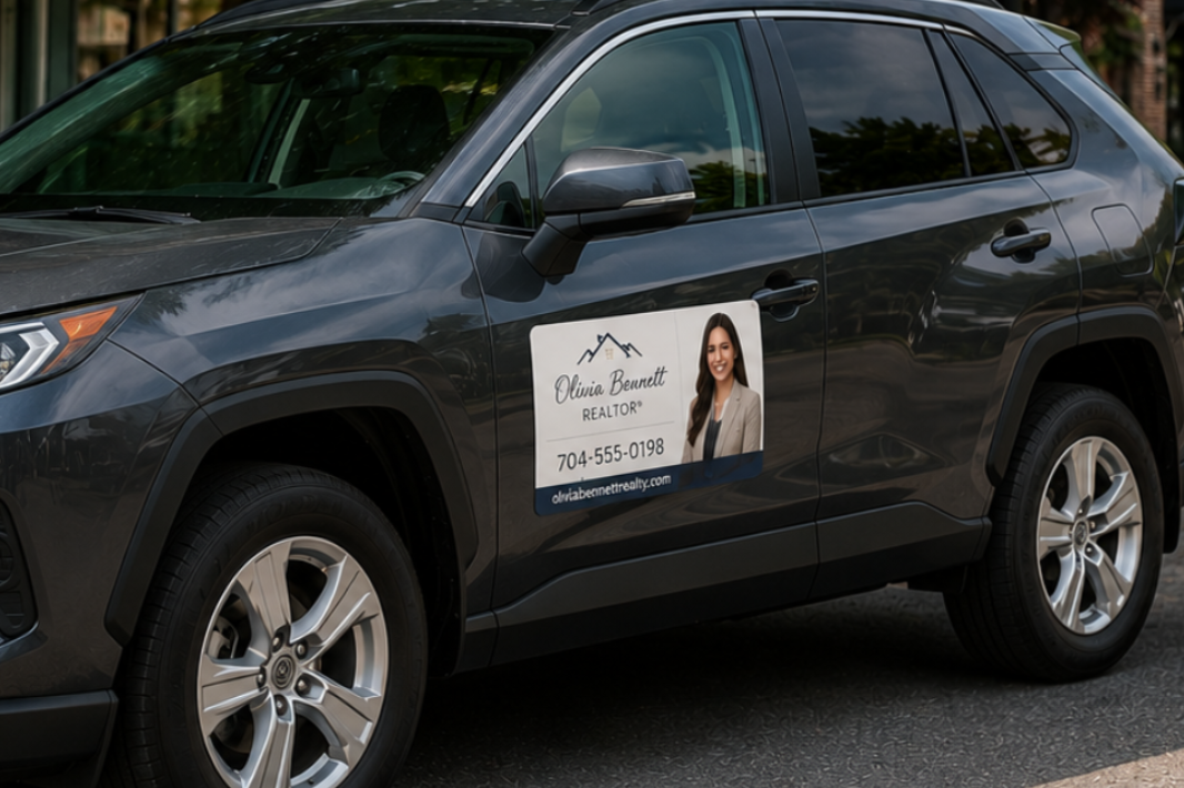 Custom magnetic signs for cars with full color business advertising and removable vehicle branding