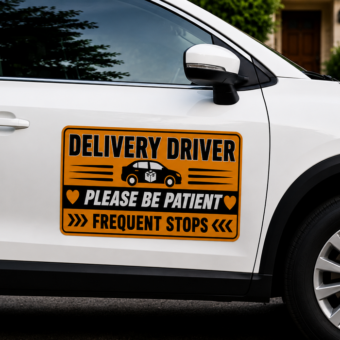 White car with a 'Delivery Driver Please Be Patient Frequent Stops' sign on the side.