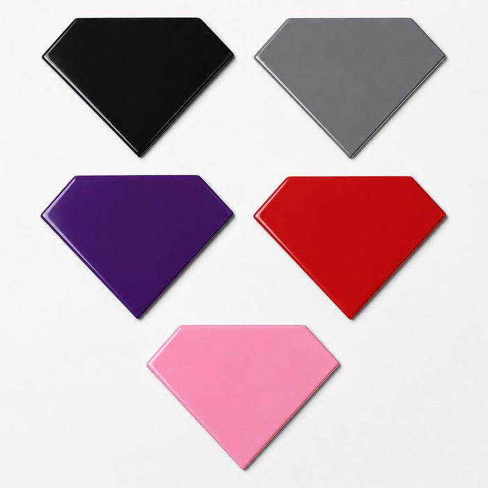 Five hexagonal tiles in black, gray, purple, red, and pink on a white background