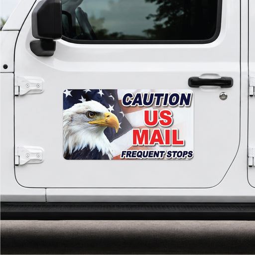 Car door with a decal featuring an eagle and text 'Caution US Mail Frequent Stops' on a white vehicle.
