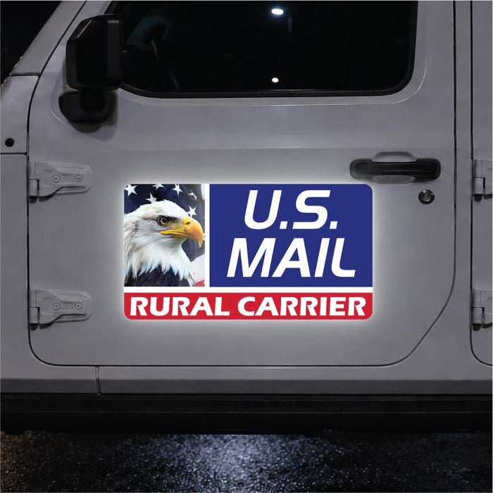 Car door with a U.S. Mail Rural Carrier sticker featuring an eagle.
