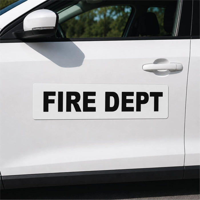 White car door with 'FIRE DEPT' decal