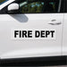 White car door with 'FIRE DEPT' decal
