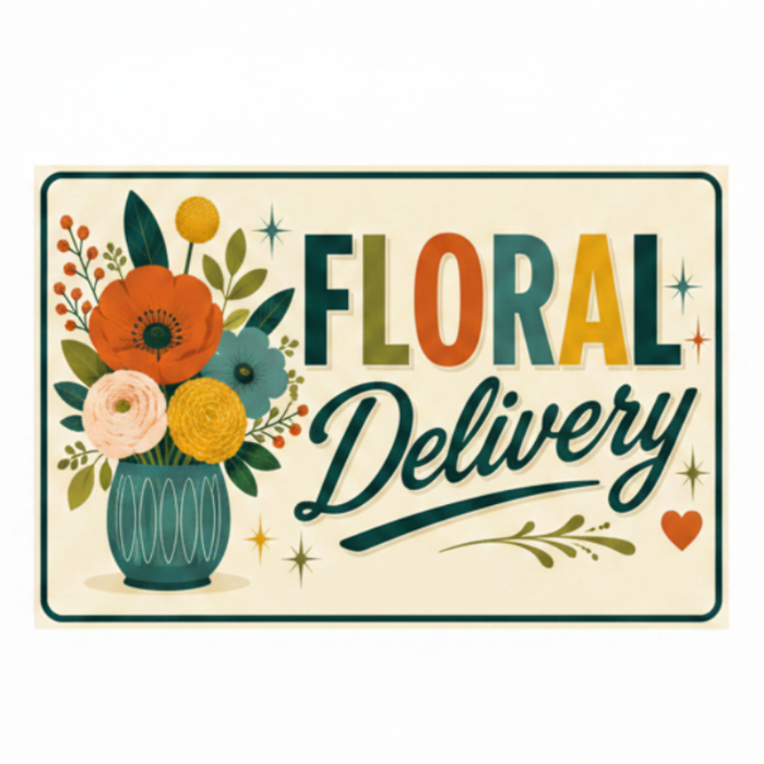 Floral delivery magnetic sign with colorful flowers and text on a beige background