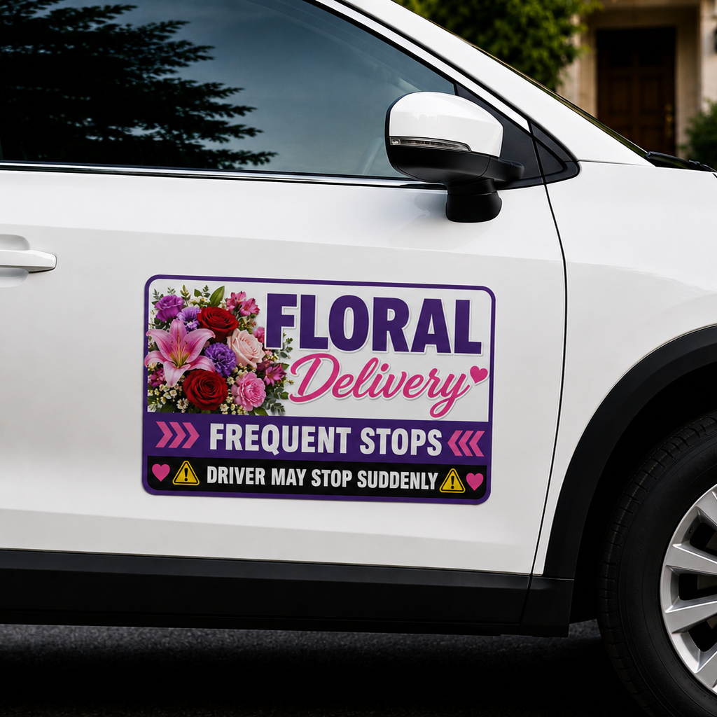 Floral delivery magnetic sign on a white car side