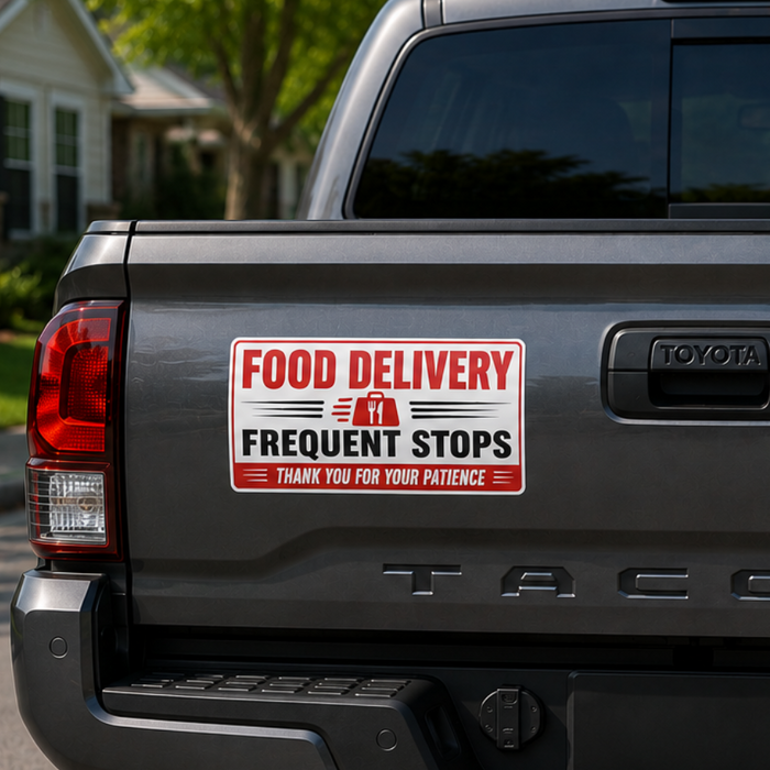 Back of a truck with a food delivery magnetic sign on the tailgate