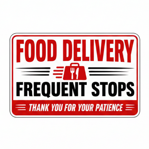 Magnetic Sign with 'Food Delivery Frequent Stops' text and icons on a white background