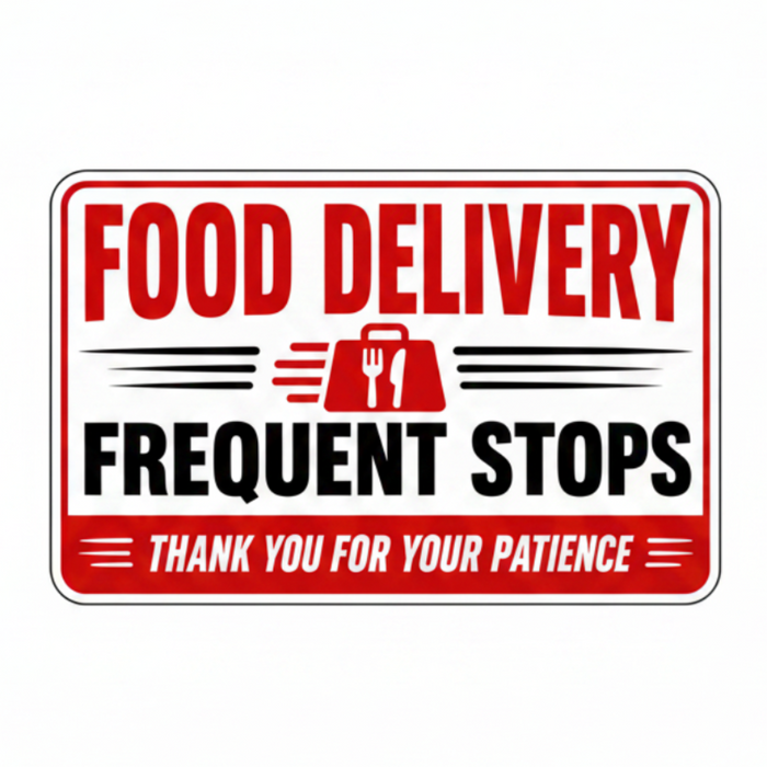 Magnetic Sign with 'Food Delivery Frequent Stops' text and icons on a white background