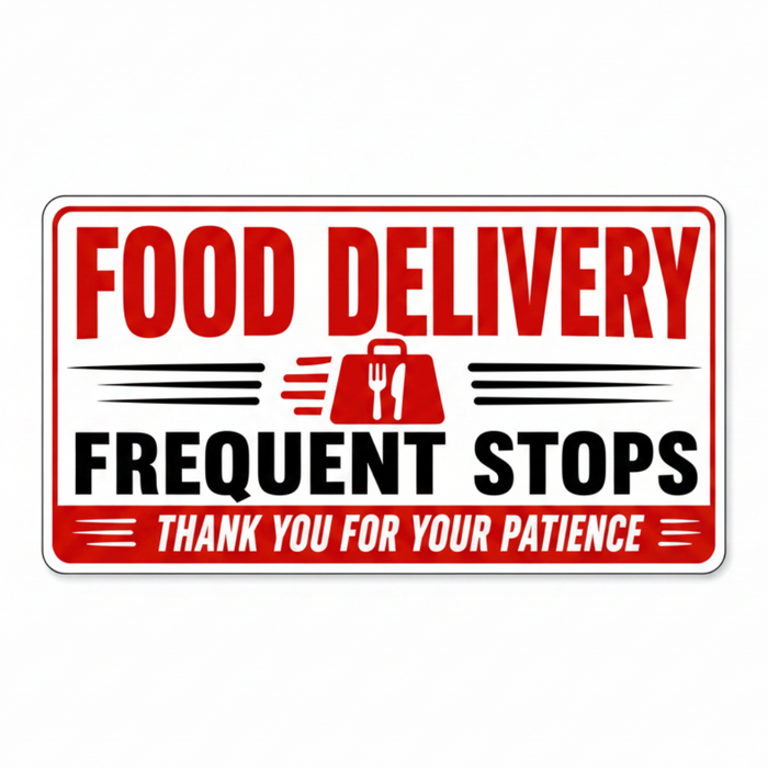 Magnetic Sign with 'Food Delivery Frequent Stops' text and icons on a white background