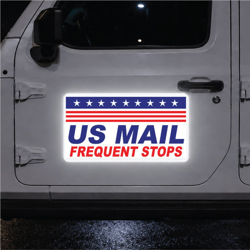 Car door with a 'US Mail Frequent Stops' reflective magnetic sign on a white background