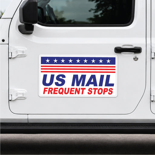 Car with a 'US Mail Frequent Stops' sticker on the door