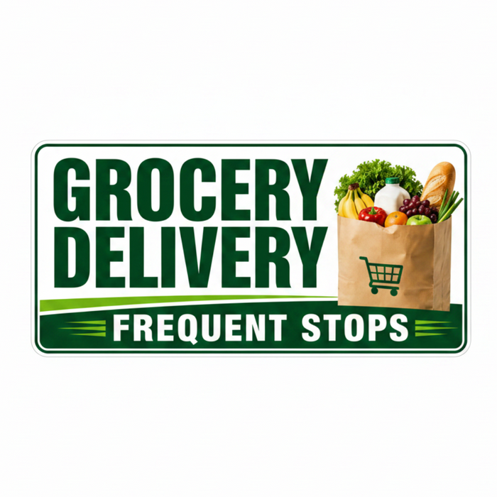 Advertisement for grocery delivery service with a paper bag of groceries and text 'Grocery Delivery Frequent Stops'.